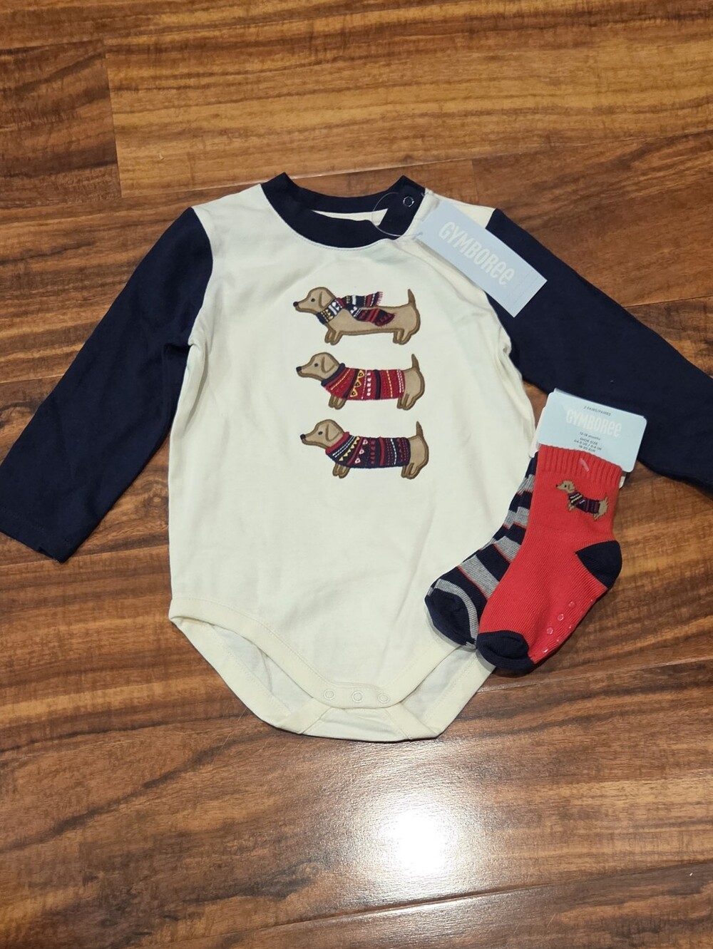 Gymboree NWT 12-18 Months Cream and Navy Holiday Dachshund Bodysuit & Socks (2)